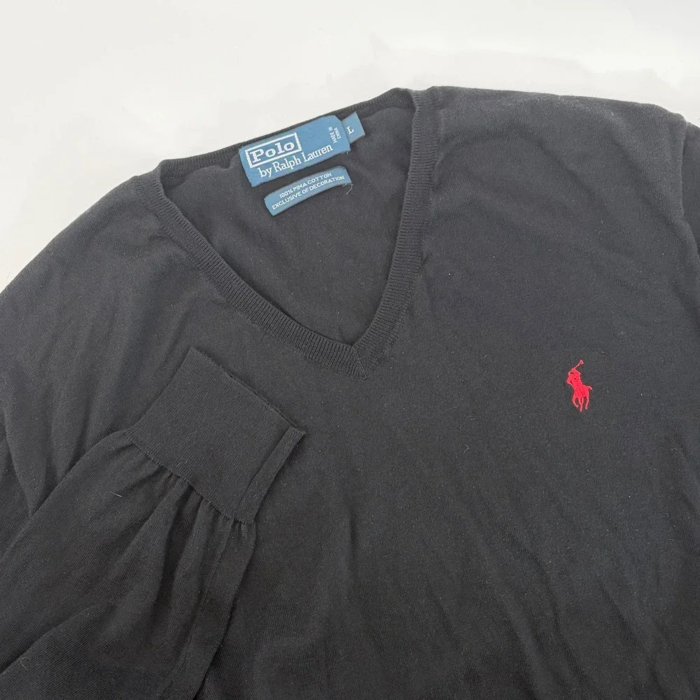 Polo Ralph Lauren Mens V-Neck Sweater Black Pima Cotton Red Pony Logo Large